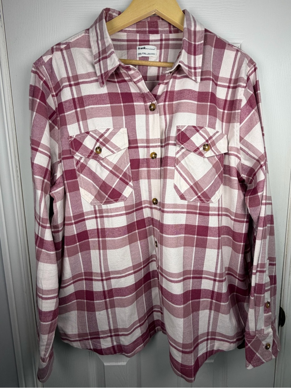 Frank & Oak Rose White Plaid Button Down Shirt Men's XXL Organic Cotton